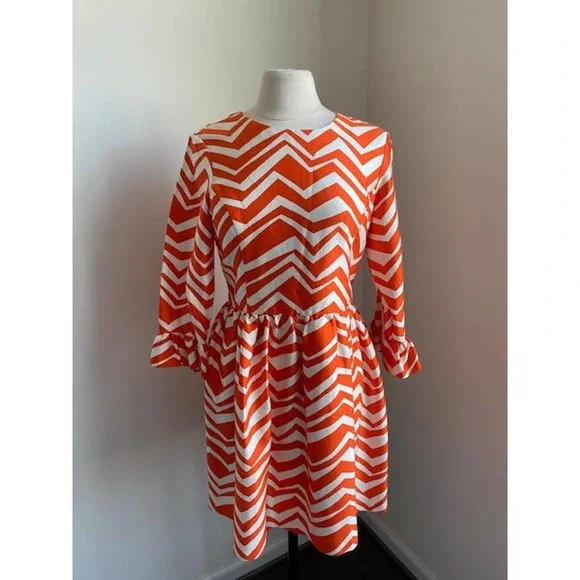 strapless open back dress Vintage Emanuel Ungaro Orange and Tan Chevron stripe 1970s Shirt Dress   Modig